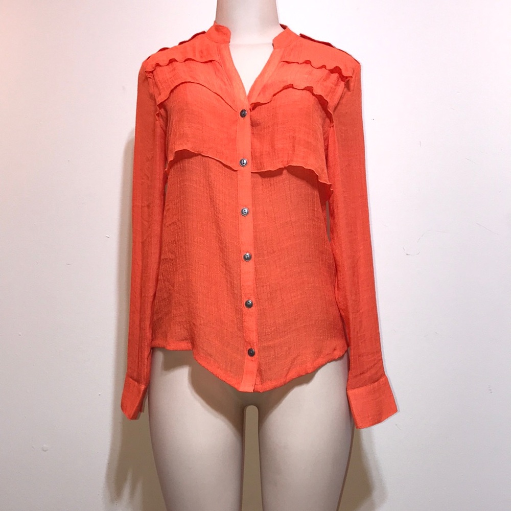 Orange Button Down Button Accent Ruffle Blouse - image 4
